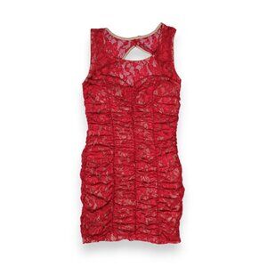 Red Hot Ruched Bodycon Backless Lace Mini Dress Size L